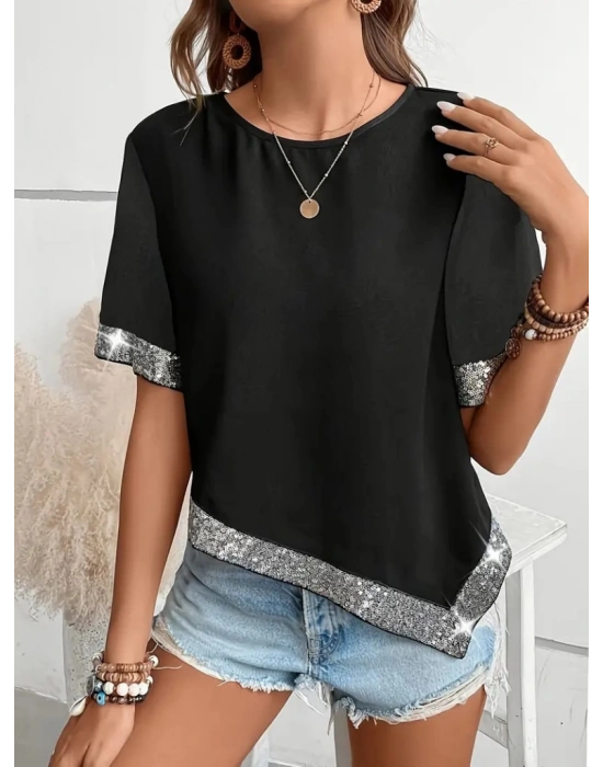 Kadın Kısa Kollu Bisiklet Yaka Asimetrik Kesim Detaylı Pul Payetli Krep Bluz
