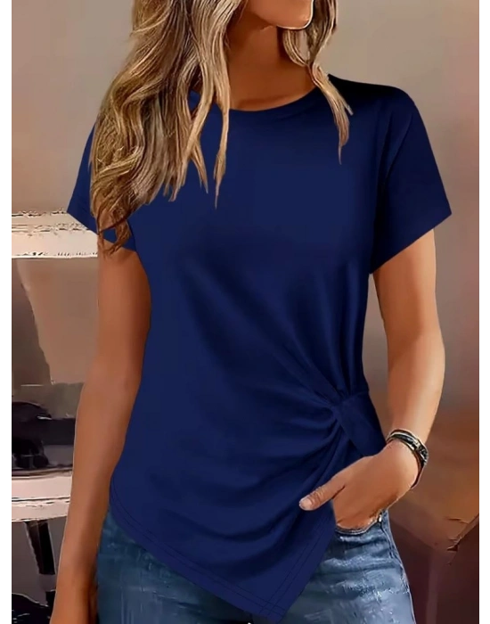 Kadın Kısa Kollu Bisiklet Yaka Asimetrik Kesim Detaylı Viskon Bluz