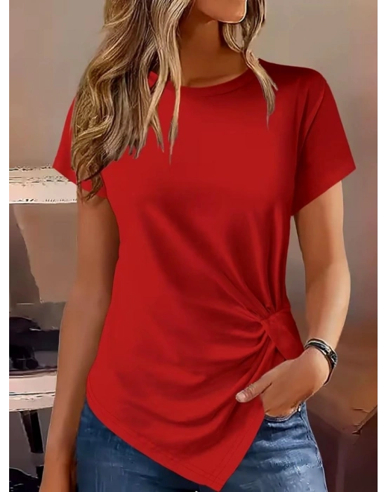 Kadın Kısa Kollu Bisiklet Yaka Asimetrik Kesim Detaylı Viskon Bluz