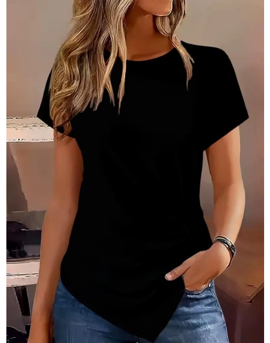 Kadın Kısa Kollu Bisiklet Yaka Asimetrik Kesim Detaylı Viskon Bluz