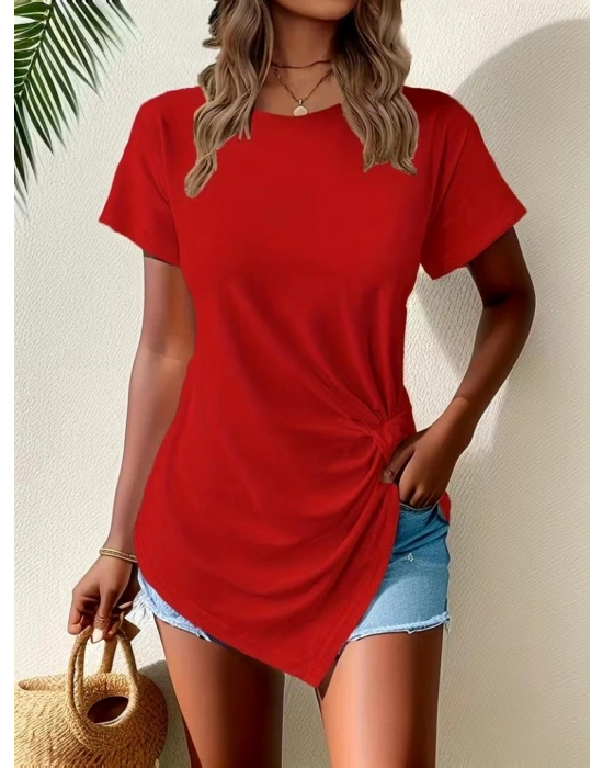 Kadın Kısa Kollu Bisiklet Yaka Asimetrik Kesim Detaylı Viskon Bluz