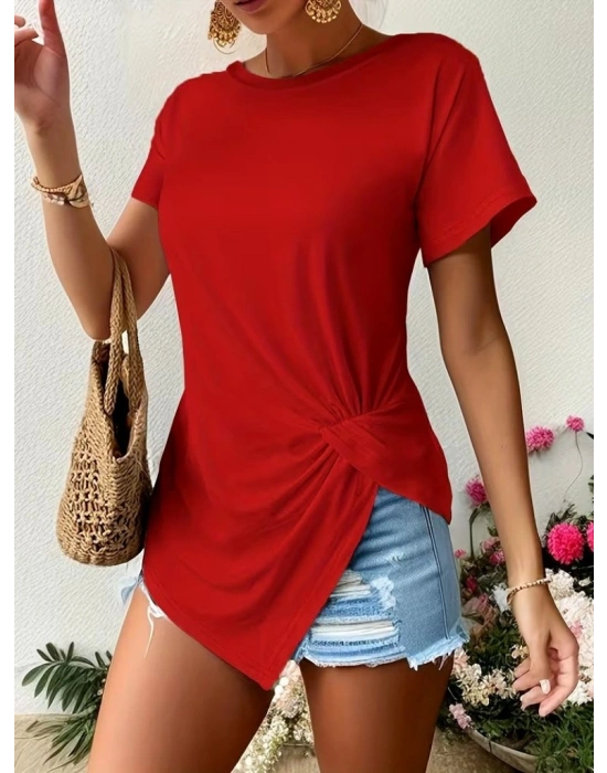 Kadın Kısa Kollu Bisiklet Yaka Asimetrik Kesim Detaylı Viskon Bluz