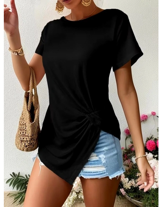 Kadın Kısa Kollu Bisiklet Yaka Asimetrik Kesim Detaylı Viskon Bluz