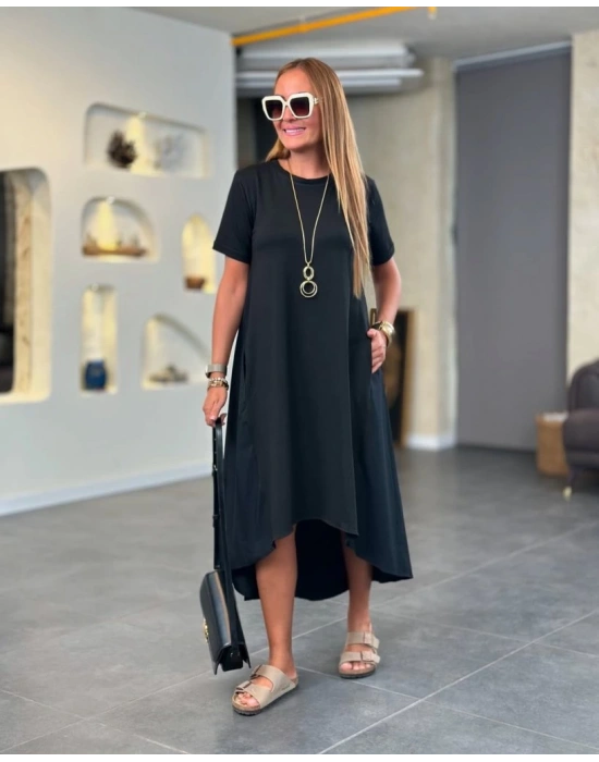 Kadın Kısa Kollu Bisiklet Yaka Asimetrik Kesim ön Viskon Arkası Trikoton Elbise