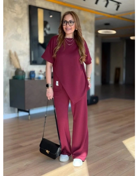 Kadın Kısa Kollu Bisiklet Yaka Asimetrik Viskon Iki Iplik Bluz Ve Pantolon Ikili Takım