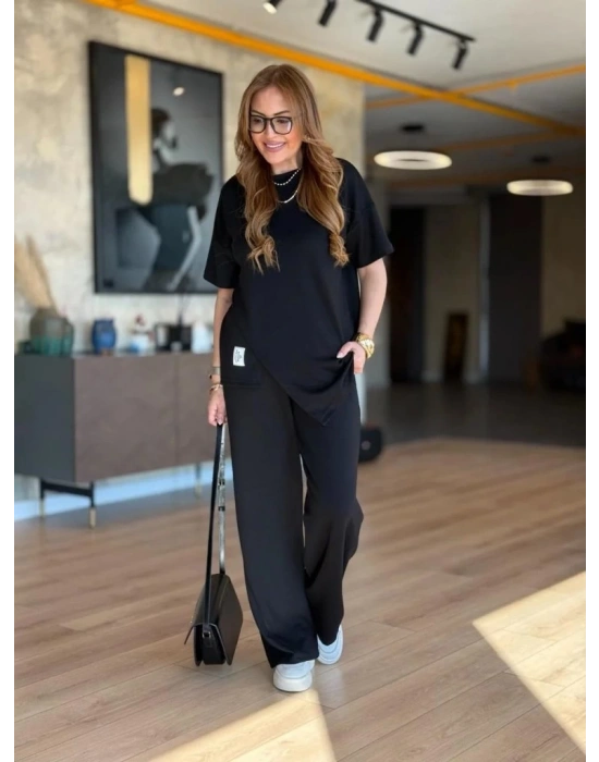 Kadın Kısa Kollu Bisiklet Yaka Asimetrik Viskon Iki Iplik Bluz Ve Pantolon Ikili Takım