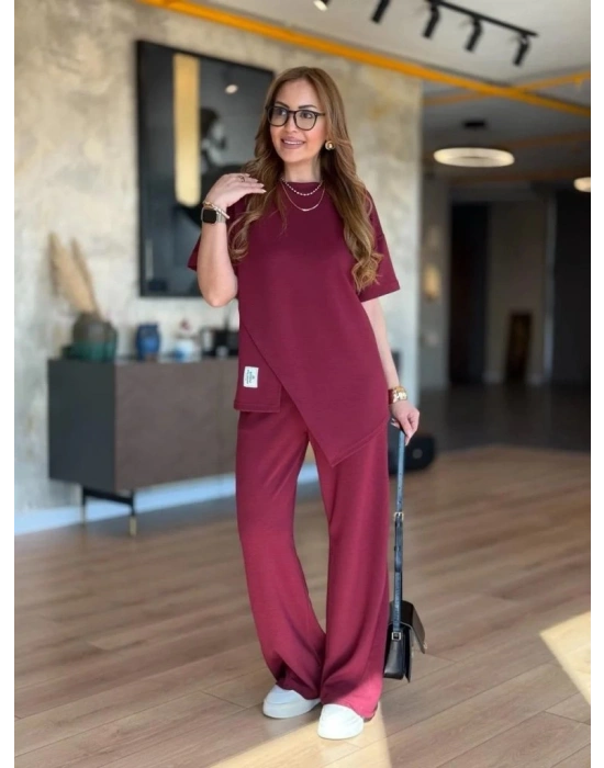 Kadın Kısa Kollu Bisiklet Yaka Asimetrik Viskon Iki Iplik Bluz Ve Pantolon Ikili Takım