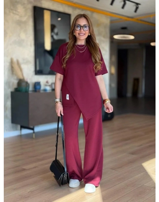 Kadın Kısa Kollu Bisiklet Yaka Asimetrik Viskon Iki Iplik Bluz Ve Pantolon Ikili Takım