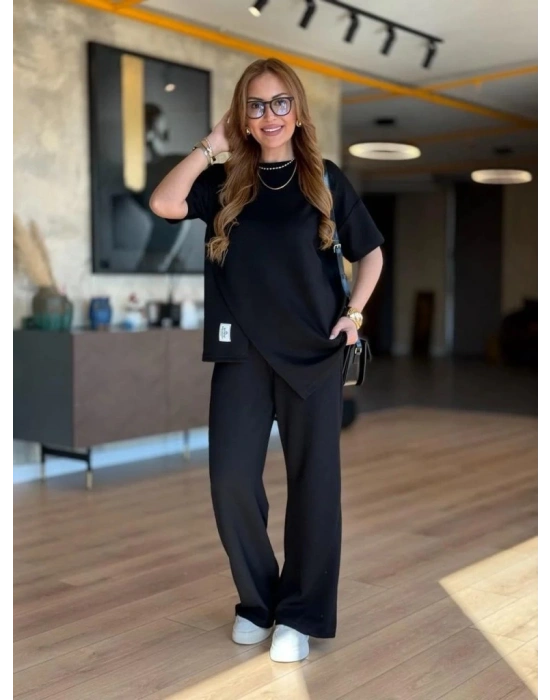 Kadın Kısa Kollu Bisiklet Yaka Asimetrik Viskon Iki Iplik Bluz Ve Pantolon Ikili Takım