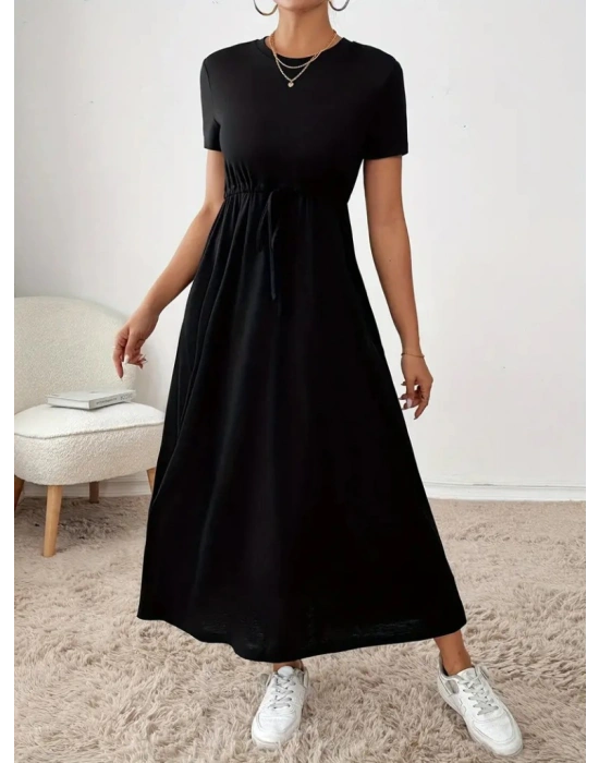 Kadın Kısa Kollu Bisiklet Yaka Belden Bağcıklı Cepli Viskon Elbise