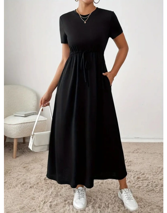 Kadın Kısa Kollu Bisiklet Yaka Belden Bağcıklı Cepli Viskon Elbise