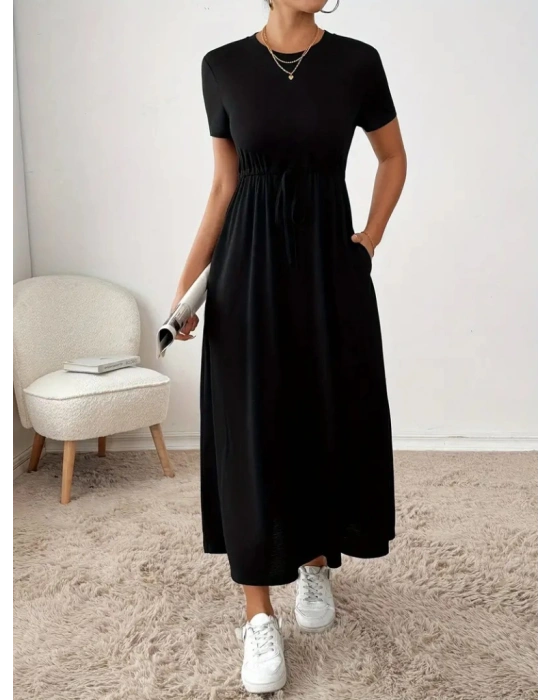 Kadın Kısa Kollu Bisiklet Yaka Belden Bağcıklı Cepli Viskon Elbise