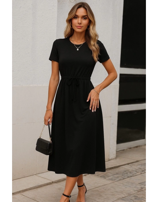 Kadın Kısa Kollu Bisiklet Yaka Belden Bağlamalı önü Bağcık Detaylı Maksi Boy Viskon Elbise