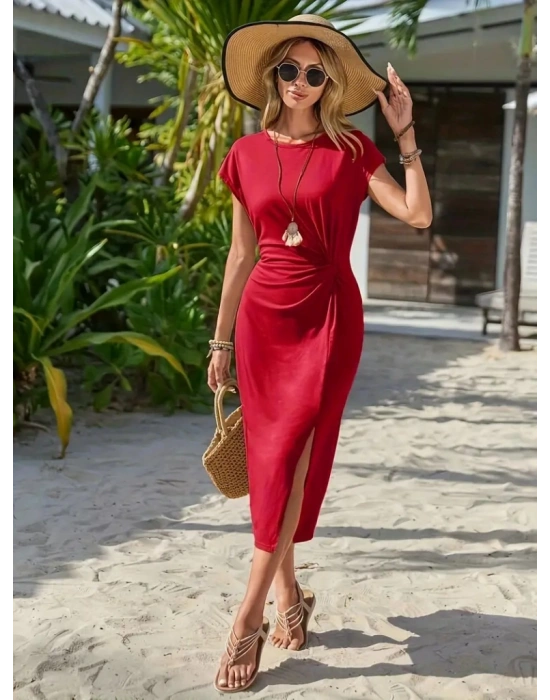 Kadın Kısa Kollu Bisiklet Yaka Belden Büzgülü Yırtmaç Detay Viskon Midi Elbise