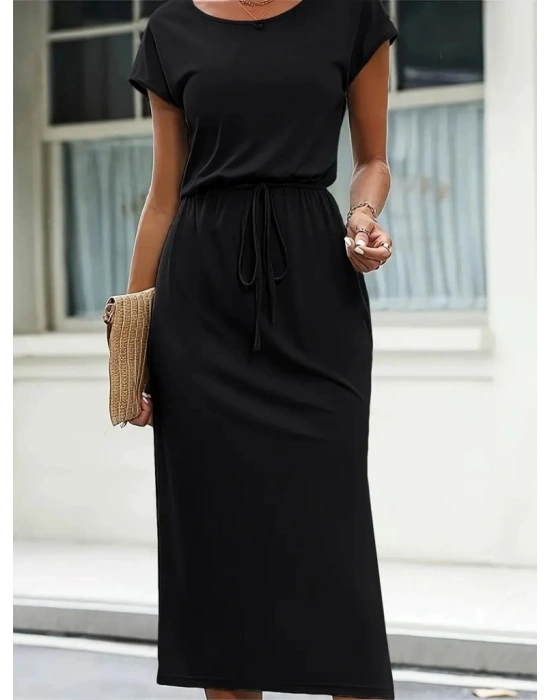 Kadın Kısa Kollu Bisiklet Yaka Belden Kuşaklı Yandan Yırtmaçlı Maksi Elbise