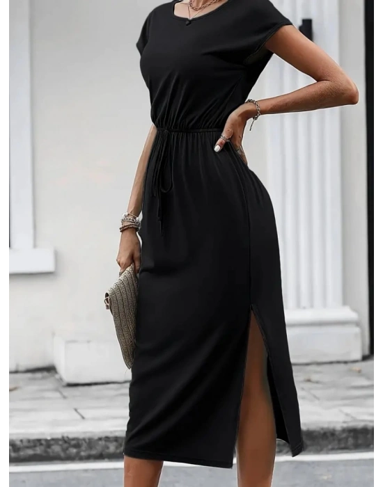 Kadın Kısa Kollu Bisiklet Yaka Belden Kuşaklı Yandan Yırtmaçlı Maksi Elbise