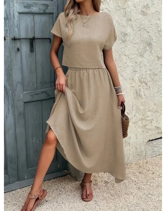 Kadın Kısa Kollu Bisiklet Yaka Bluz Etekli Ithal Keten Ikili Takım