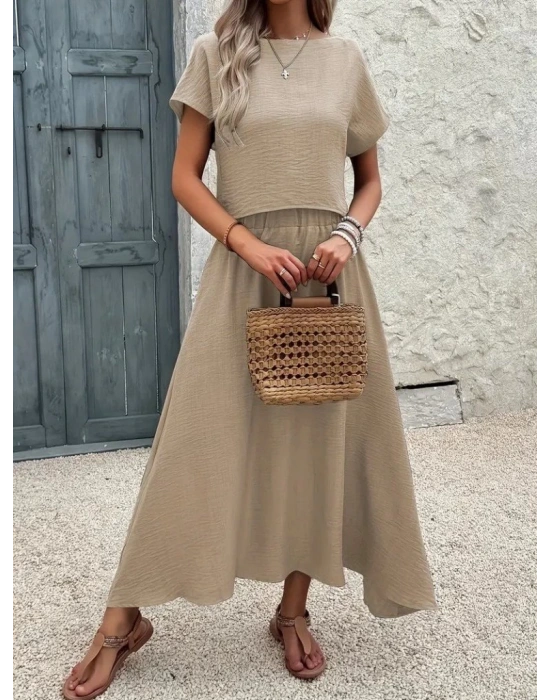 Kadın Kısa Kollu Bisiklet Yaka Bluz Etekli Ithal Keten Ikili Takım