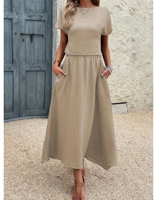 Kadın Kısa Kollu Bisiklet Yaka Bluz Etekli Ithal Keten Ikili Takım