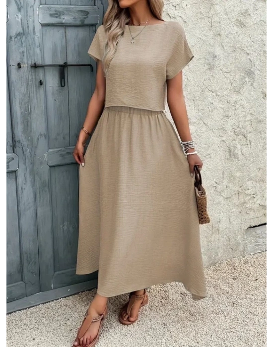 Kadın Kısa Kollu Bisiklet Yaka Bluz Etekli Ithal Keten Ikili Takım