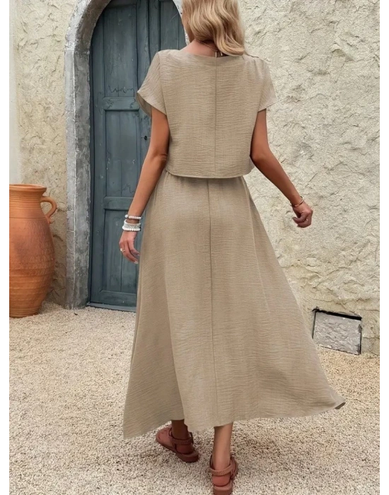 Kadın Kısa Kollu Bisiklet Yaka Bluz Etekli Ithal Keten Ikili Takım