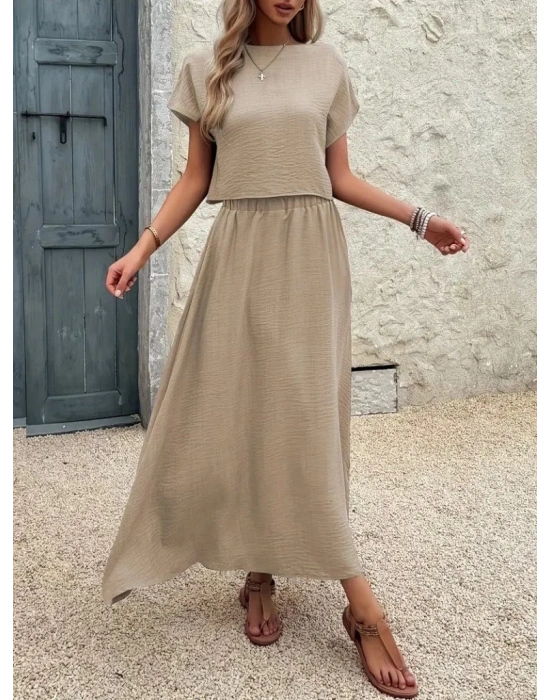 Kadın Kısa Kollu Bisiklet Yaka Bluz Etekli Ithal Keten Ikili Takım