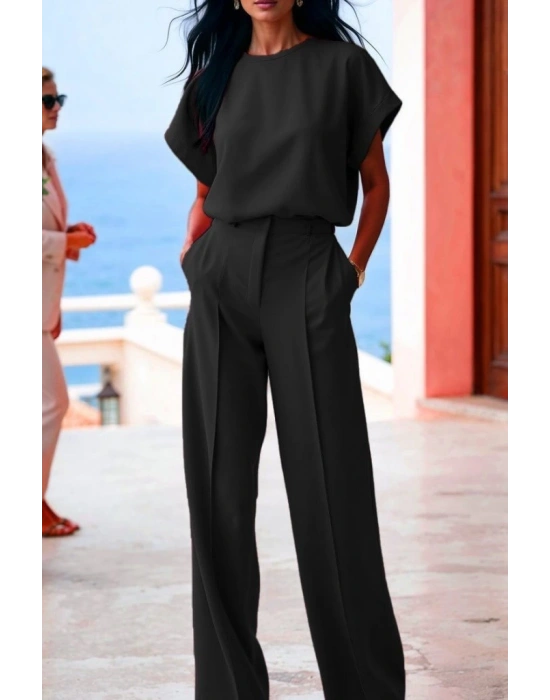 Kadın Kısa Kollu Bisiklet Yaka Bluz Yüksek Bel Cep Detaylı Pantolon Atlas Ikili Takım