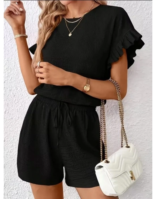 Kadın Kısa Kollu Bisiklet Yaka Bürümcük Bluz Ve Kısa Short Ikili Takım