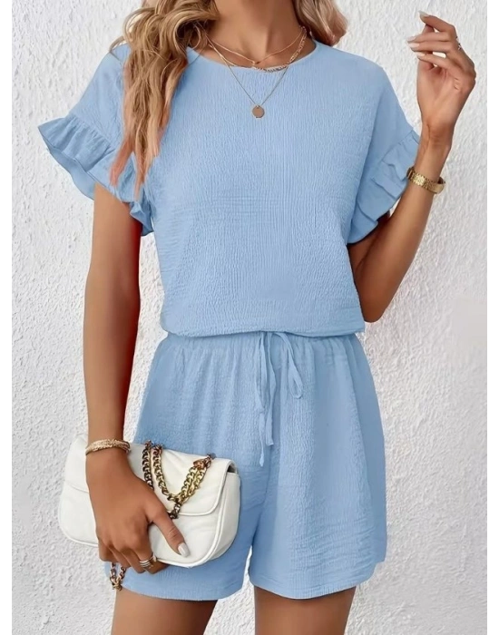 Kadın Kısa Kollu Bisiklet Yaka Bürümcük Bluz Ve Kısa Short Ikili Takım