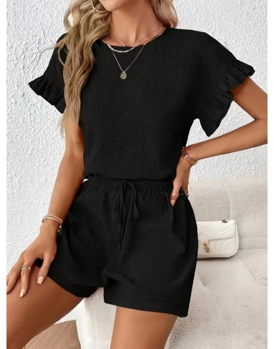 Kadın Kısa Kollu Bisiklet Yaka Bürümcük Bluz Ve Kısa Short Ikili Takım