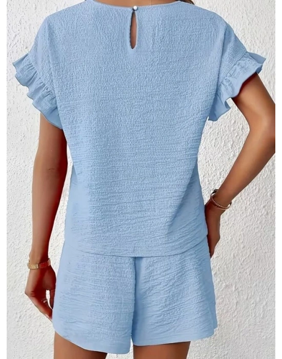 Kadın Kısa Kollu Bisiklet Yaka Bürümcük Bluz Ve Kısa Short Ikili Takım