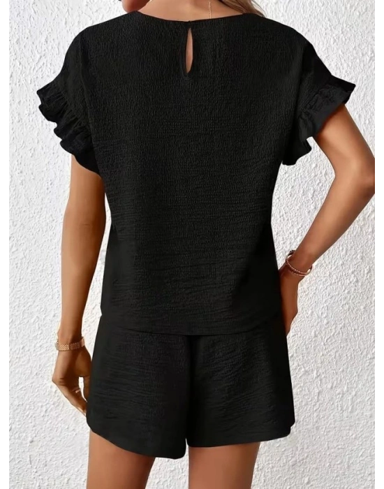 Kadın Kısa Kollu Bisiklet Yaka Bürümcük Bluz Ve Kısa Short Ikili Takım