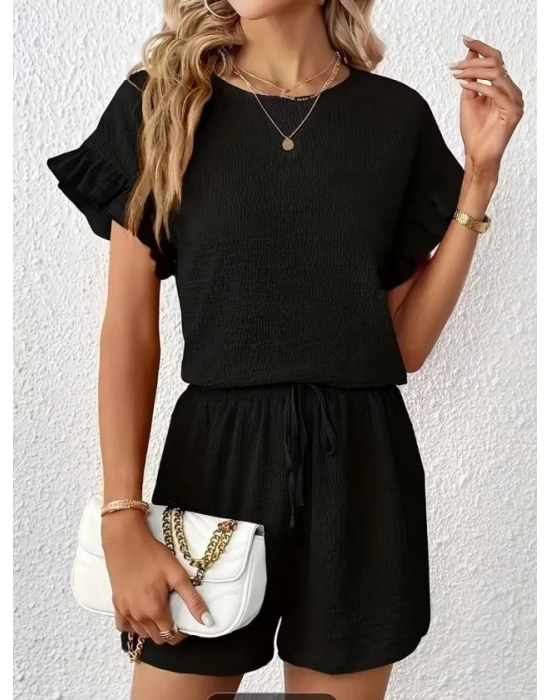 Kadın Kısa Kollu Bisiklet Yaka Bürümcük Bluz Ve Kısa Short Ikili Takım