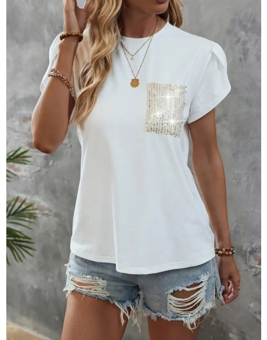 Kadın Kısa Kollu Bisiklet Yaka Cep Pul Payet Detay Viskon Bluz