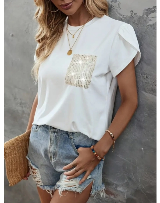 Kadın Kısa Kollu Bisiklet Yaka Cep Pul Payet Detay Viskon Bluz