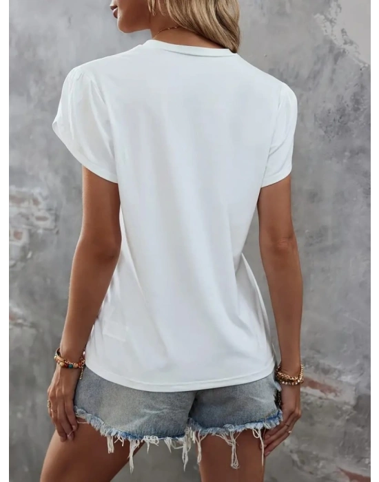 Kadın Kısa Kollu Bisiklet Yaka Cep Pul Payet Detay Viskon Bluz