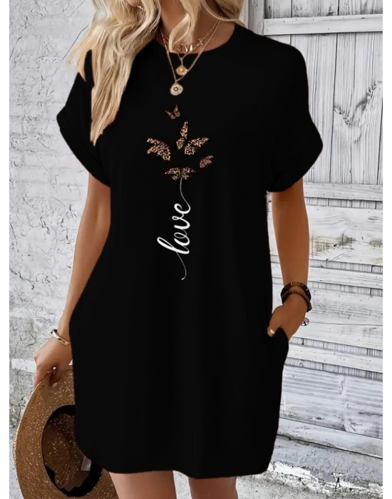 Kadın Kısa Kollu Bisiklet Yaka Cepli Kelebek Baskılı Viskon Elbise