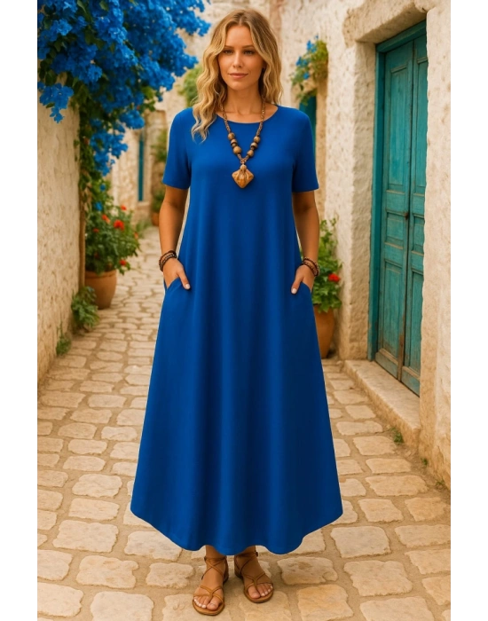 Kadın Kısa Kollu Bisiklet Yaka Cepli Salaş Viskon Elbise