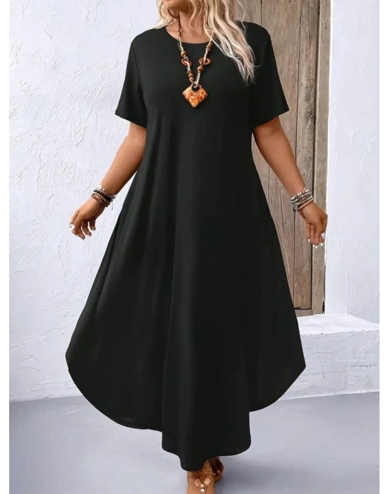 Kadın Kısa Kollu Bisiklet Yaka Cepli Salaş Viskon Elbise