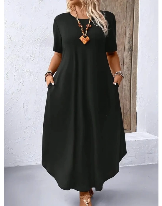 Kadın Kısa Kollu Bisiklet Yaka Cepli Salaş Viskon Elbise