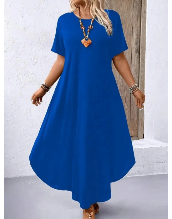 Kadın Kısa Kollu Bisiklet Yaka Cepli Salaş Viskon Elbise