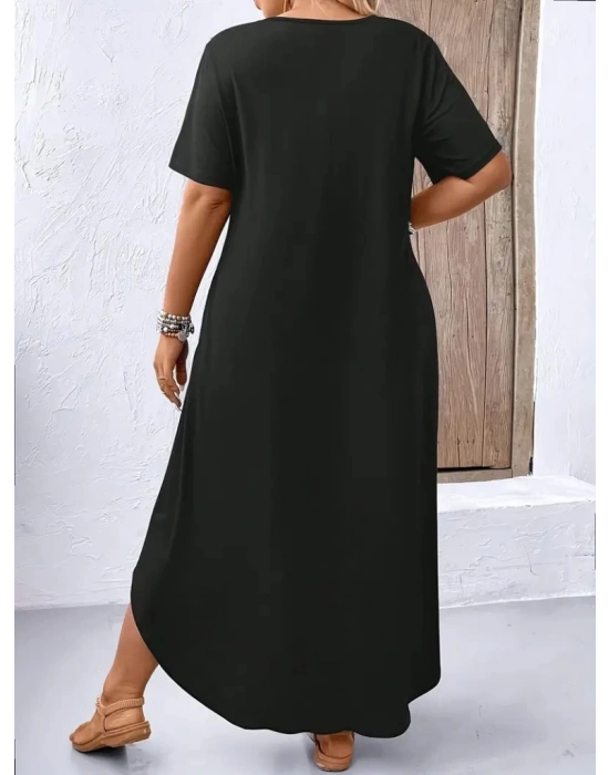 Kadın Kısa Kollu Bisiklet Yaka Cepli Salaş Viskon Elbise