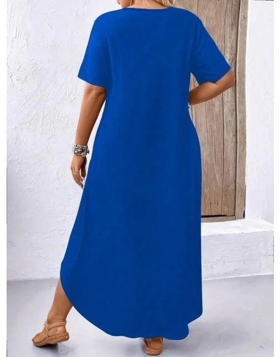 Kadın Kısa Kollu Bisiklet Yaka Cepli Salaş Viskon Elbise