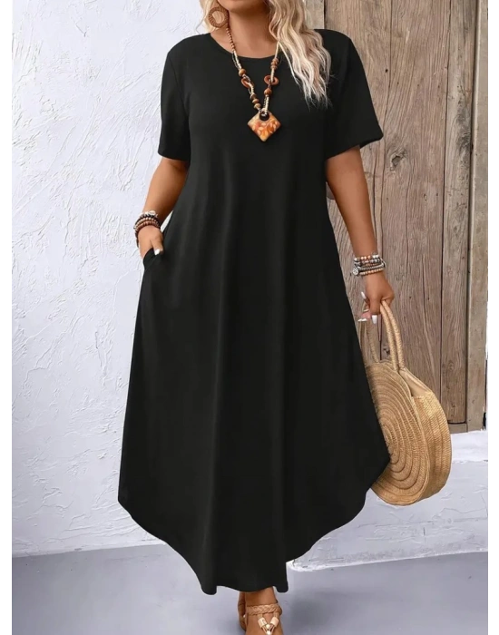 Kadın Kısa Kollu Bisiklet Yaka Cepli Salaş Viskon Elbise