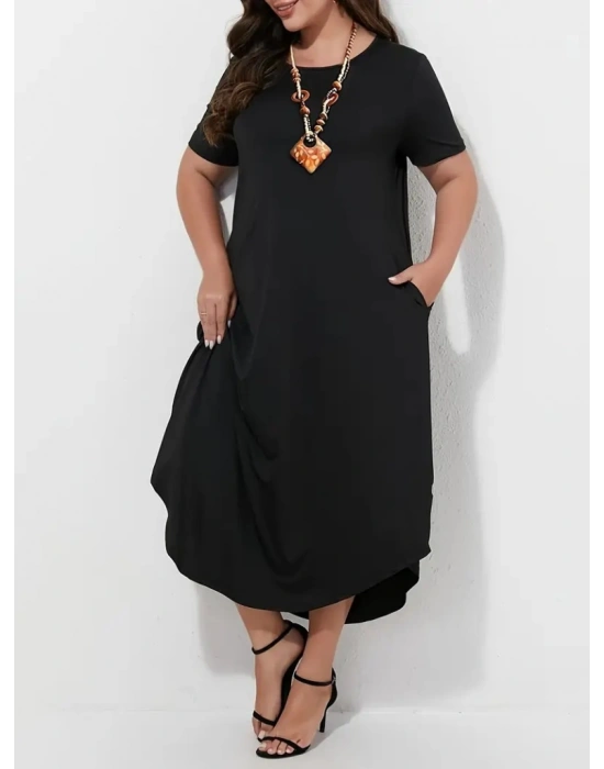 Kadın Kısa Kollu Bisiklet Yaka Cepli Salaş Viskon Elbise