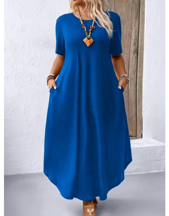 Kadın Kısa Kollu Bisiklet Yaka Cepli Salaş Viskon Elbise