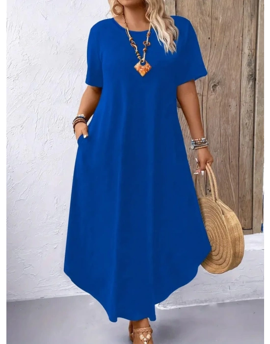 Kadın Kısa Kollu Bisiklet Yaka Cepli Salaş Viskon Elbise