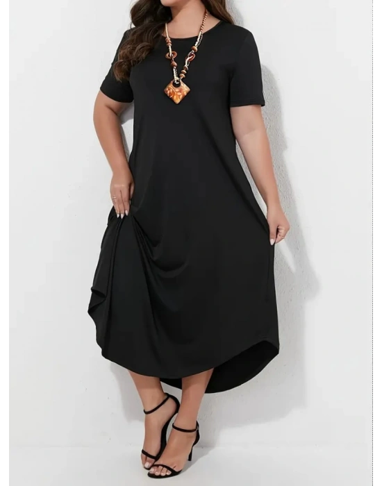 Kadın Kısa Kollu Bisiklet Yaka Cepli Salaş Viskon Elbise