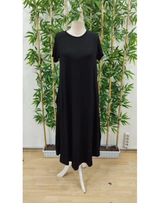 Kadın Kısa Kollu Bisiklet Yaka Cepli Salaş Viskon Elbise