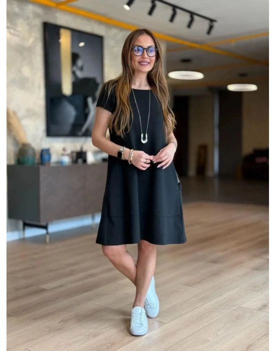 Kadın Kısa Kollu Bisiklet Yaka Cepli Viskon Iki Iplik Elbise